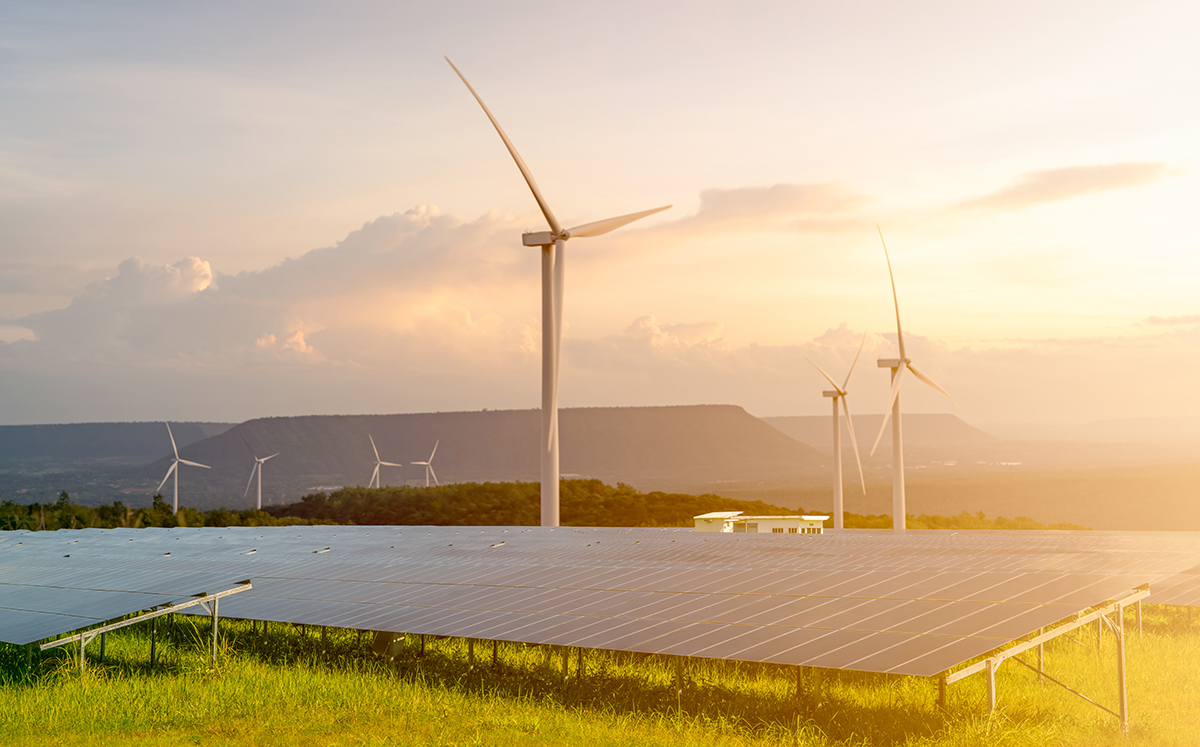 Sustainable energy. Solar and wind turbines farm. Sustainable re