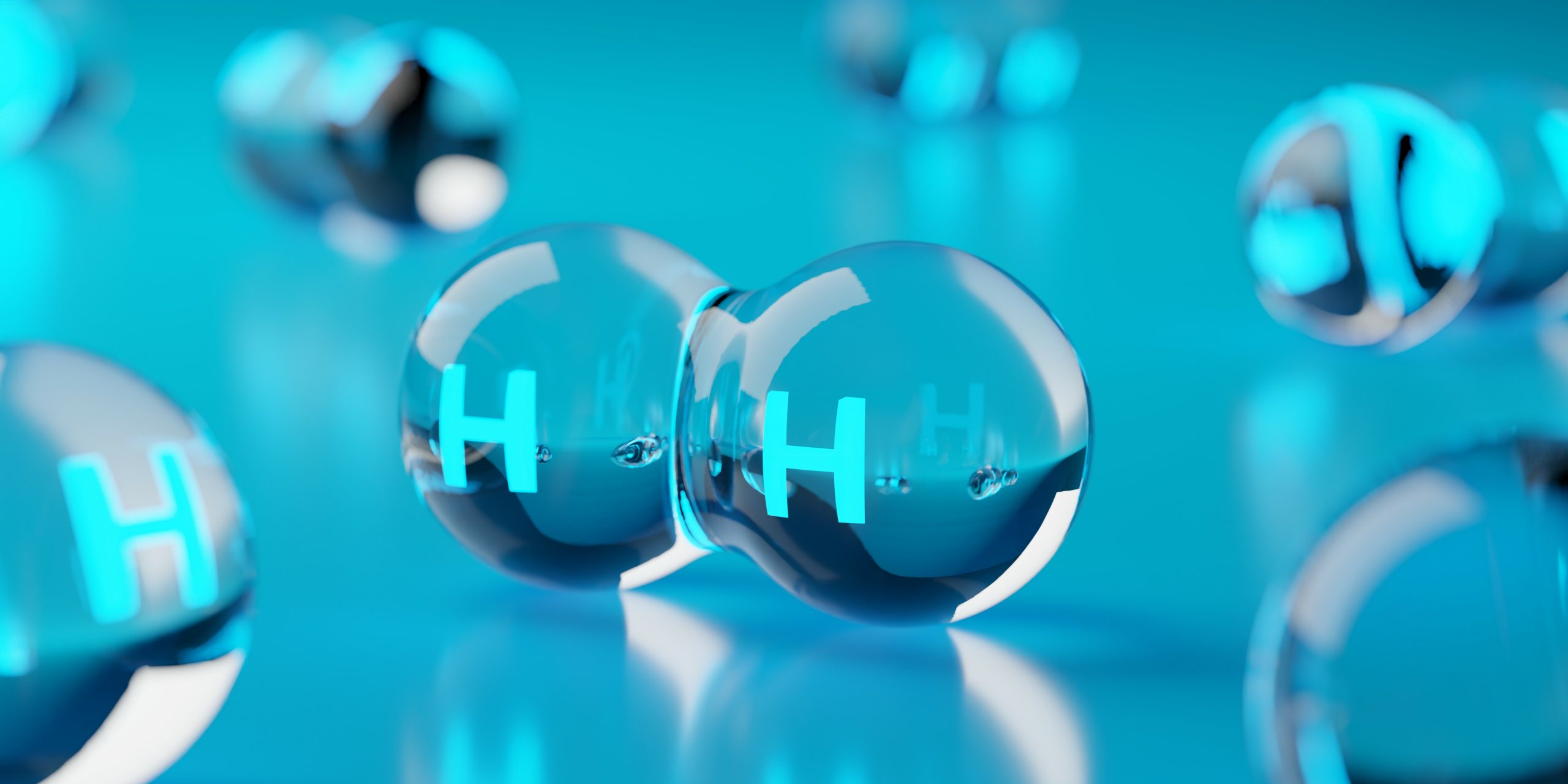 Abstract transparent hydrogen H2 molecules on blue background, c