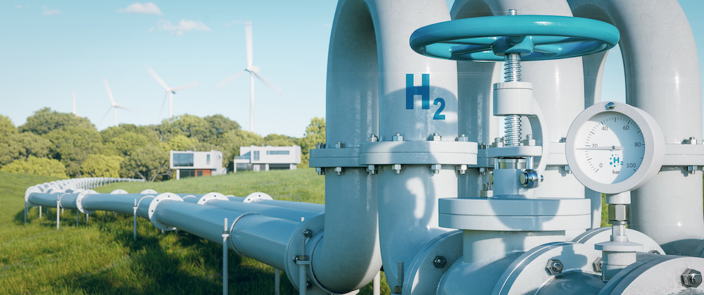 A hydrogen pipeline to houses illustrating the transformation of the energy sector towards clean, carbon-neutral, safe and independent energy sources to replace natural gas in homes.