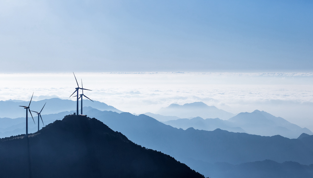 panoramic view of the blue ridge mountains and wind turbines