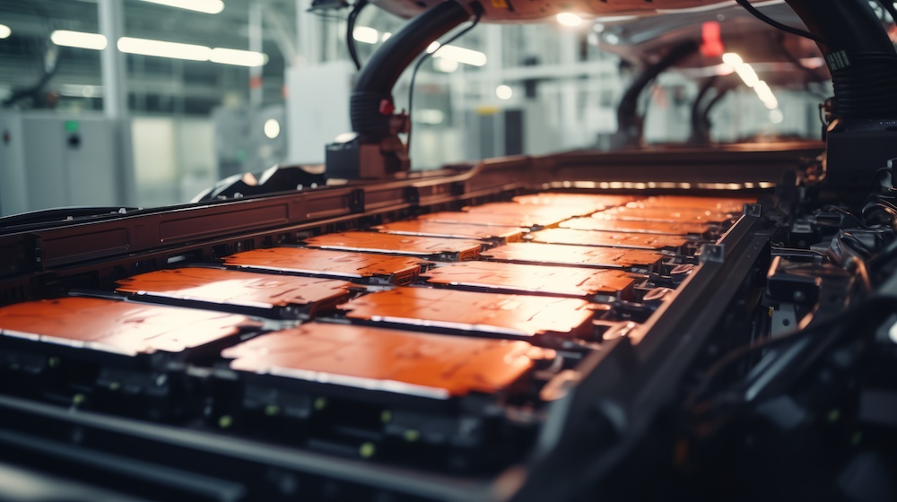 Mass production assembly line of electric car battery cells in a busy factory
