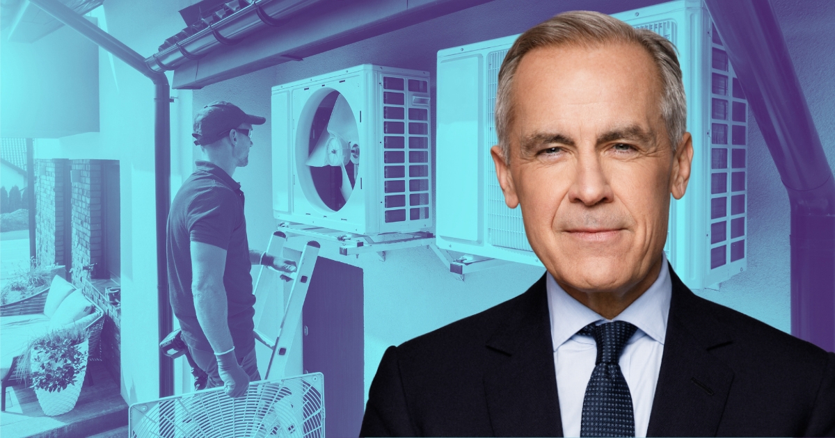 Composite image of Mark Carney, heat pumps and an installer, illustrating Canada's home electrification announcement.